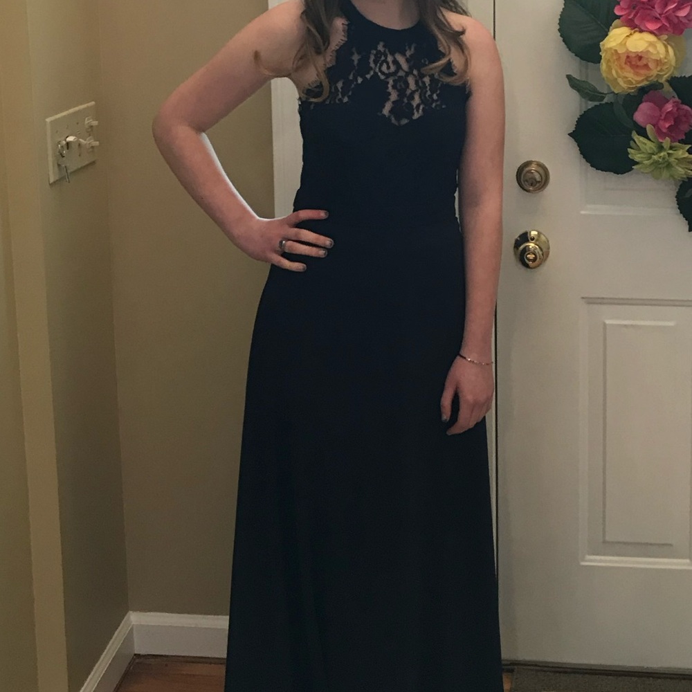 Navy blue high neck prom dress